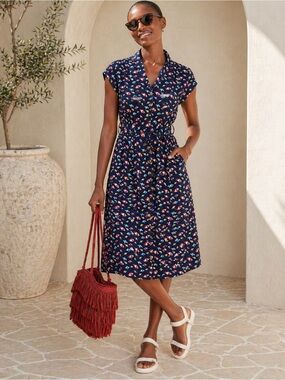 Maeve Anthropologie Umbrella Print Button Front Belted Midi Dress Pockets US 10